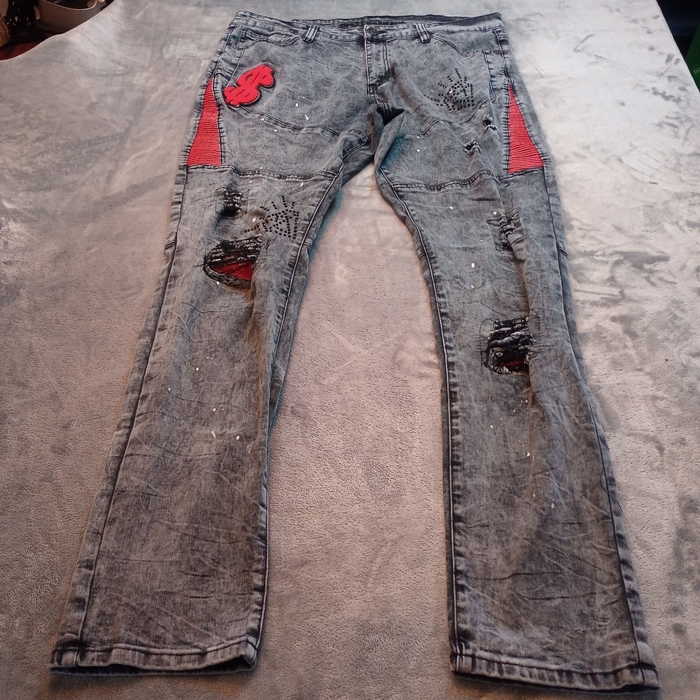 Rue 21 Supreme Flex Skinny Jeans Mens Size 40 x 35 Black Patch Distressed